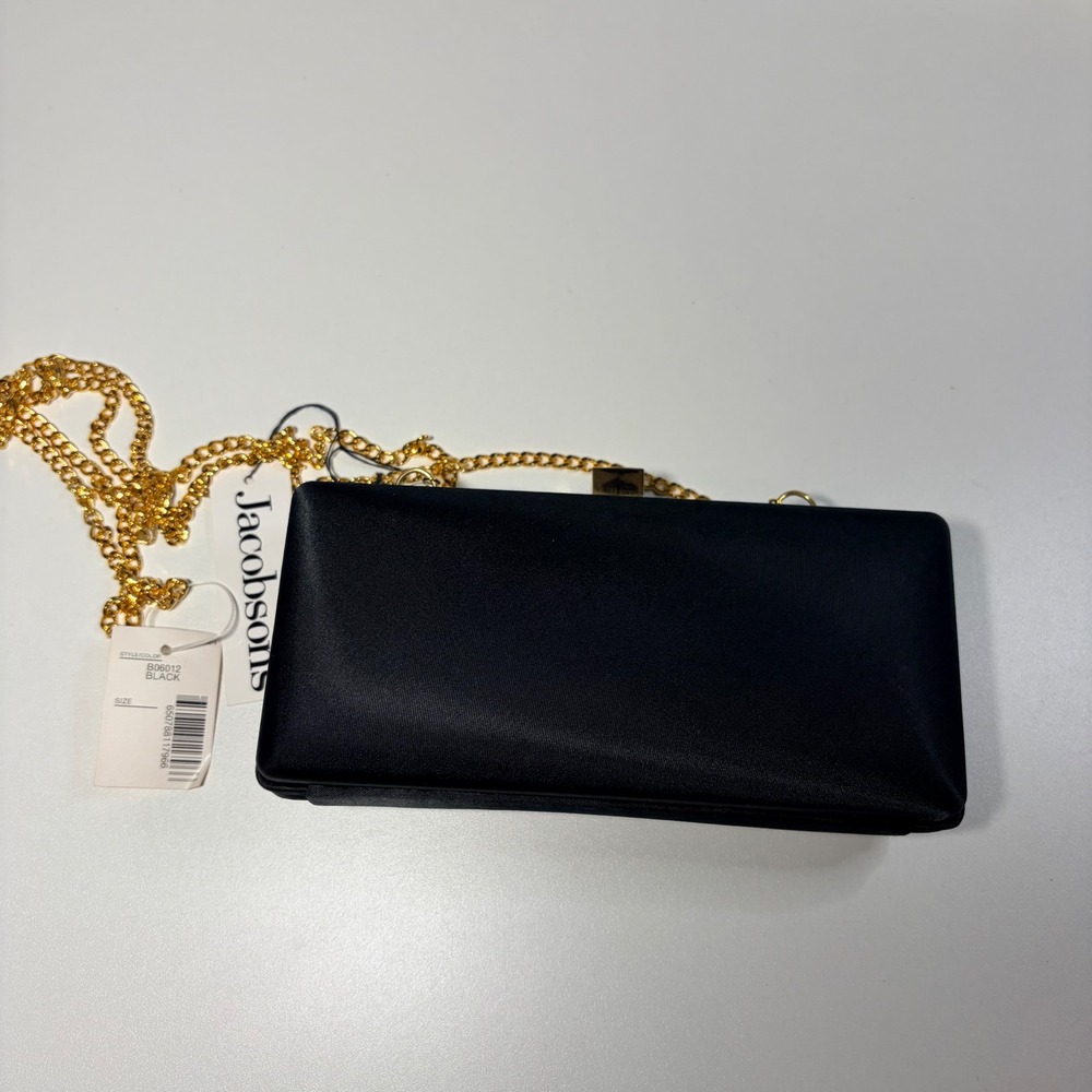 Jacobson"s Black Satin Box Clutch Bag Gold Chain Strap Evening Formal